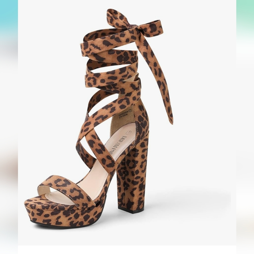 Dream Pairs Leopard Print Platform Heels 9 Ankle Ties